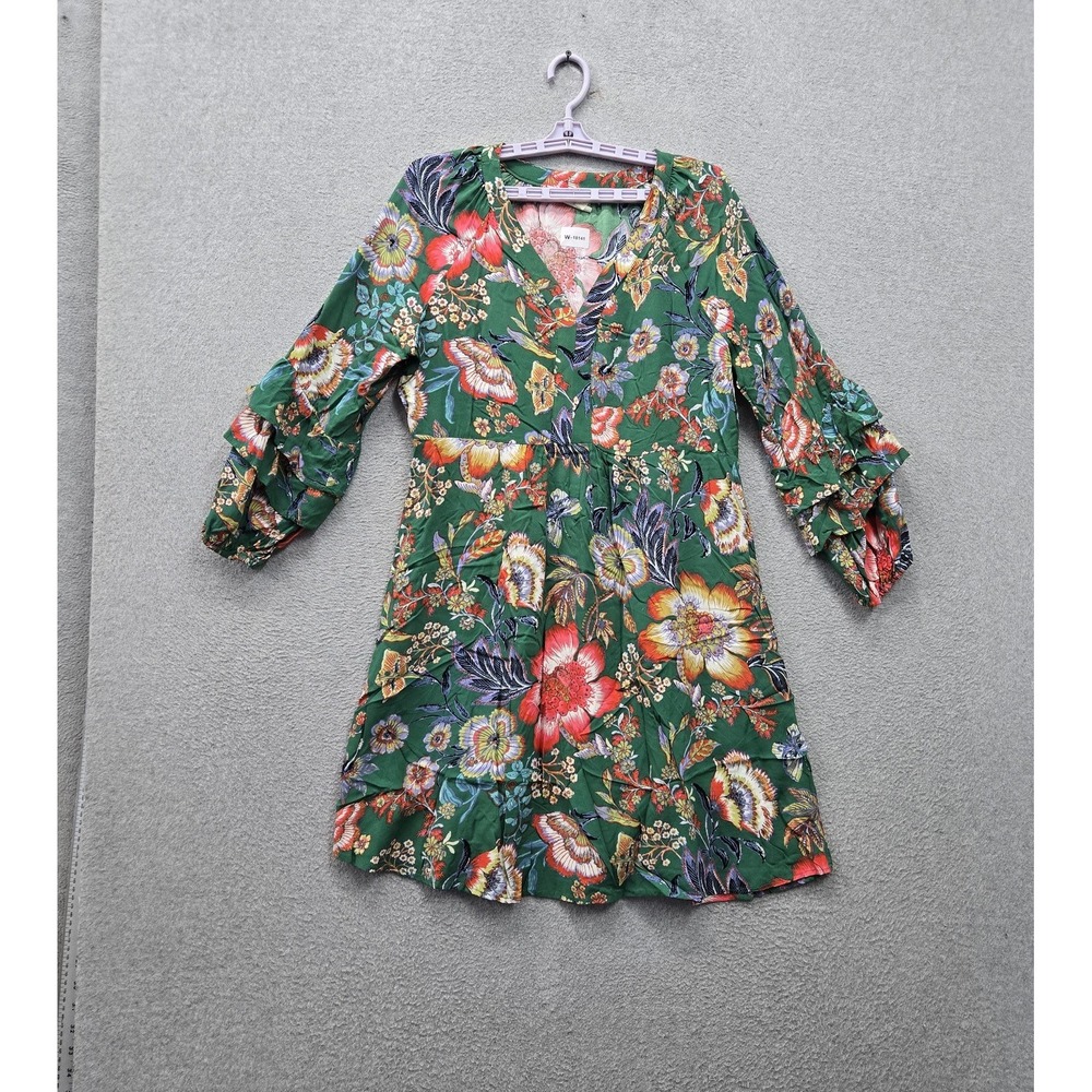 Fig And Flower Women Dress M Green Floral Mini A-Line Cottagecore Ruffle Sleeves